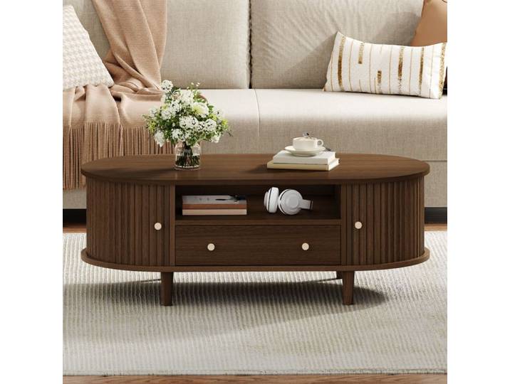 Table basse - HIBA - Ovale - 100x50x36 cm - Finition noyer - Tiroir & portes coulissantes