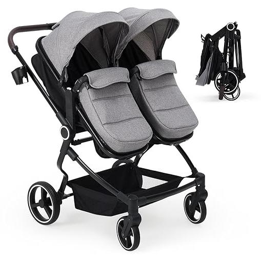 Geschwisterwagen Duo Side by Side Für Zwillinge, Leichter, Kompakt Faltbarer Zwillingskinderwagen Mit Hohem Babywagen Gestell, Verstellbarem Sonnendach & Liegeposition Für Kleinkind