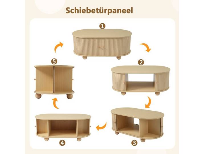 Table basse ovale avec rangement et portes coulissantes gain de place mobilier multifonctionnel en bois