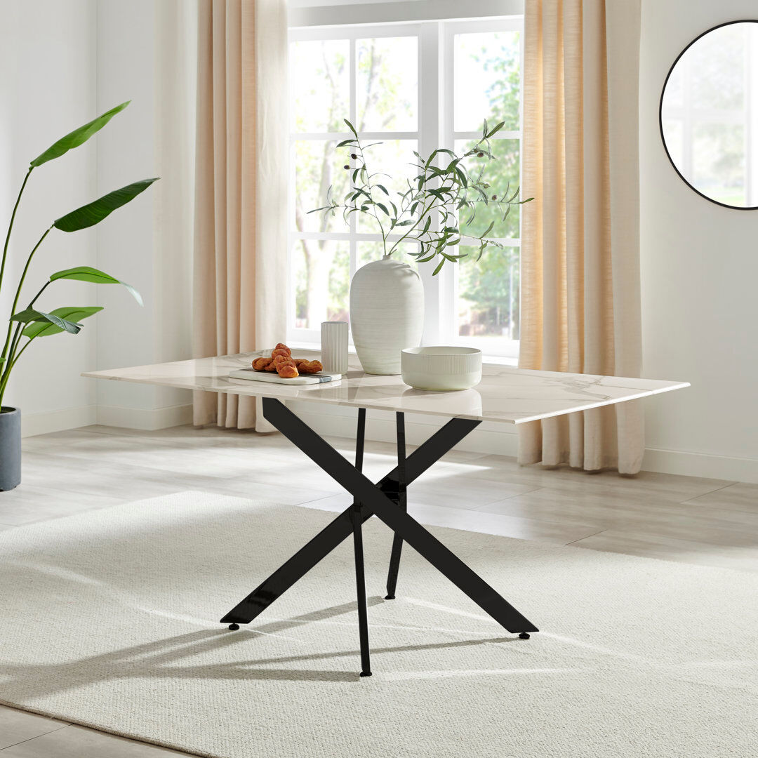 Canora Grey Lenworth Luxury Marble Effect Glass 6 Seater Dining Table - Modern Statement Design Black/White