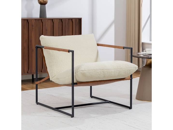 HOMCOM Fauteuil Salon Tissu Bouclette Crème 77x91x80cm