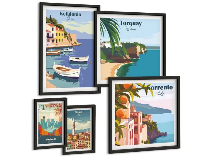 BILDER SET 5er Set - 50x50 cm & 20x30 cm & 40x60 cm Schwarzer Rahmen - Retro-Illustrationen berühmter Orte