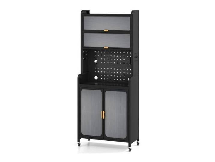 Grand rangement : meuble de cuisine haut avec panneau perforé plan de travail et roulettes pour micro-ondes noir