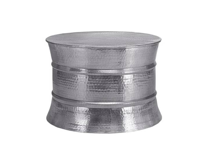 WOMO-DESIGN Couchtisch rund Ø 62x33 cm, Silber, Drum, Unikat, handgefertigt aus Aluminium, Hammerschlag Design, Metall Sofatisch, Wohnzimmer Beistelltisch, Flacher Wohnzimmertisch, Orient Loungetisch