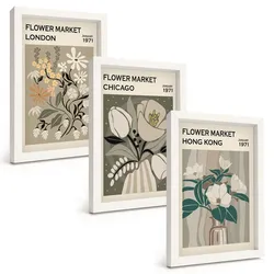 BILDER SET 3er Set - 20x30 cm Weißer Rahmen - Blumenmessen London Chicago Hongkong