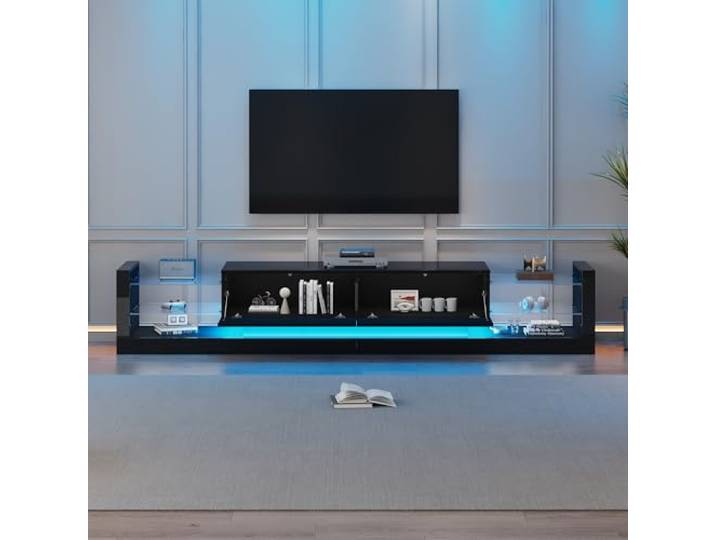 BTM Hochglanz-TV-Schrank mit LED-Beleuchtung, 181 cm – Für Fernseher bis 80 Zoll, Glasfront, Zwei klappbare Schubladen