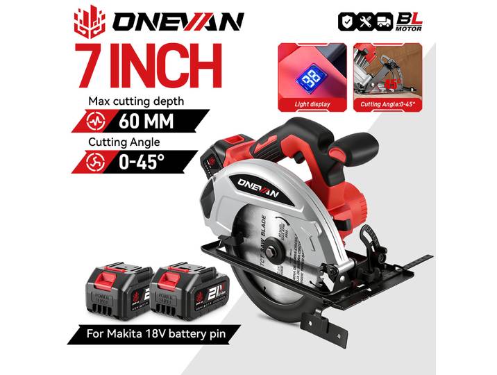 ONEVAN – scie circulaire électrique sans balais, 7 pouces, 185mm, affichage numérique, outil de coupe pour le travail du bois, pour broche de batterie Makita 18V