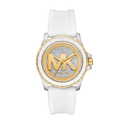 Quarzuhr MICHAEL KORS "Everest", gold (weiß), Armbanduhren, Damen, Quarzuhr, Armbanduhr, Silikonarmband, analog, Glassteine