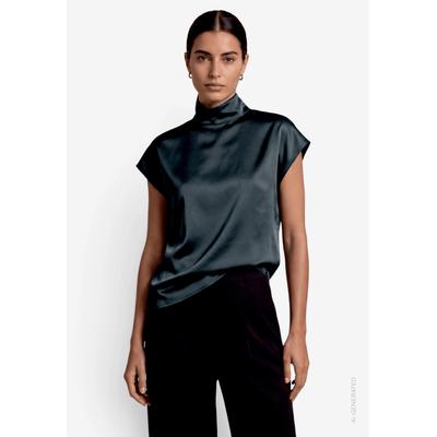 Kurzarmbluse ZERO, Damen, Gr. 38, blau (teal ocean), Obermaterial: 100% Polyester, unifarben, festlich, figurumspielend hüftlang, angeschnitten, Blusen, aus Satin, mit Stehkragen