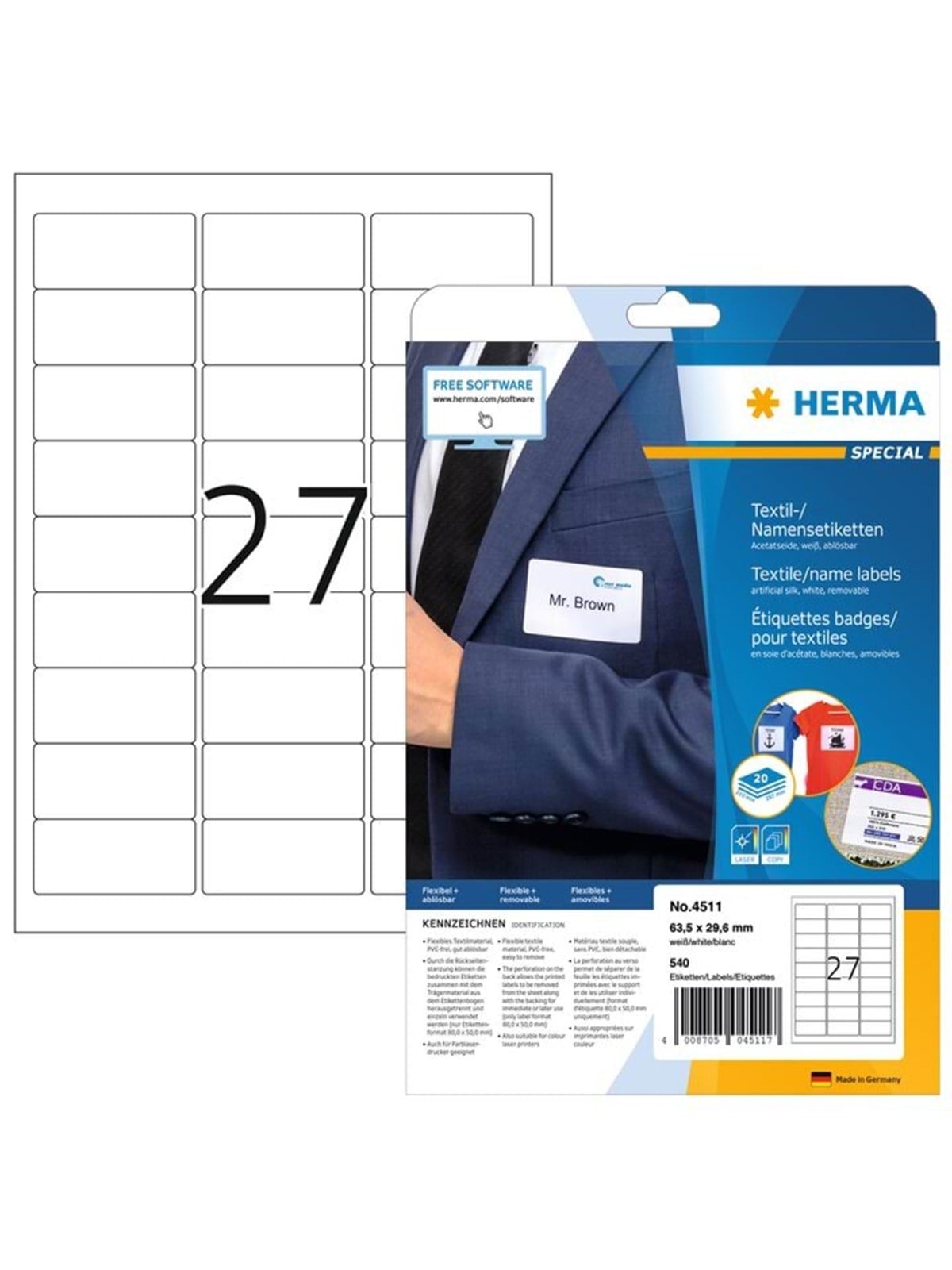 HERMA Namensetiketten, ablösbar, A4, 63,5 x 29,6 mm, weiß, aus Acetatseide, bedruckbar
