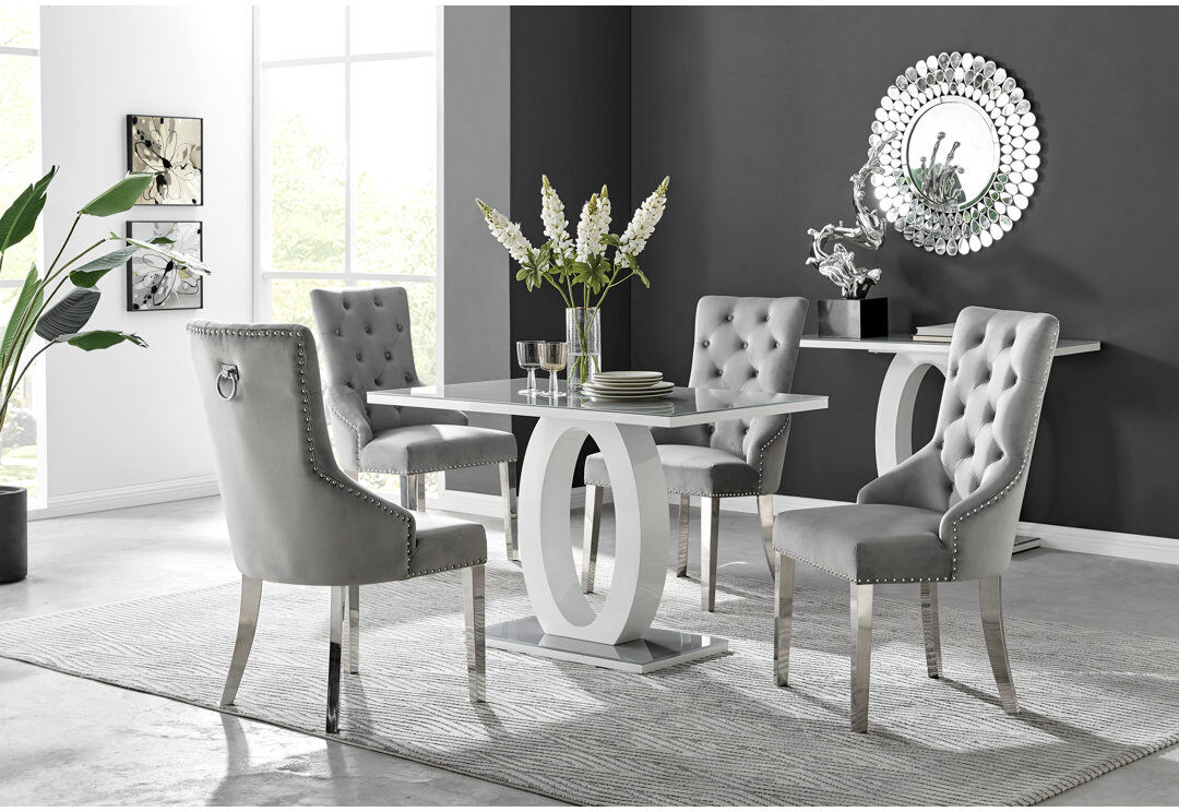 Canora Grey Scottsmoor Halo Dining Table Set in Modern High Gloss with 4 Luxury Velvet Dining Chairs Grey 4
