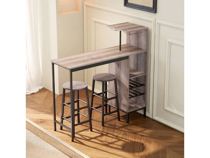 HOMCOM Ensemble Bar 3 Pièces avec Rangement et Tabourets Gris