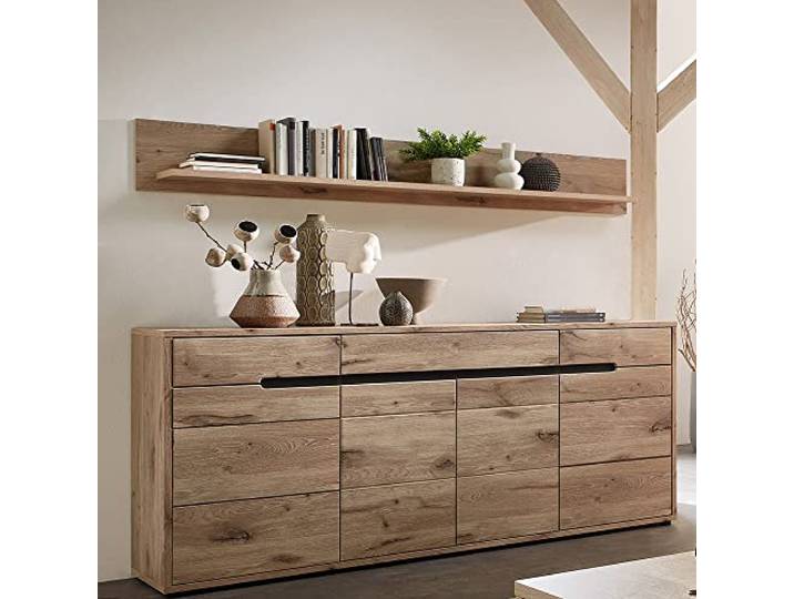Lomadox Wohnmöbel Set Sideboard Anrichte Kommode 185 cm breit Eiche Nb. Graphit Wandboard Wandregal Bücherregal