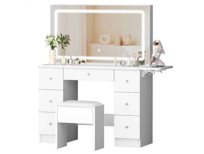 Ensemble coiffeuse ALFORDSON avec miroir 7 tiroirs et plateau rabattable 3 modes de couleur et 10 niveaux de luminosité blanc