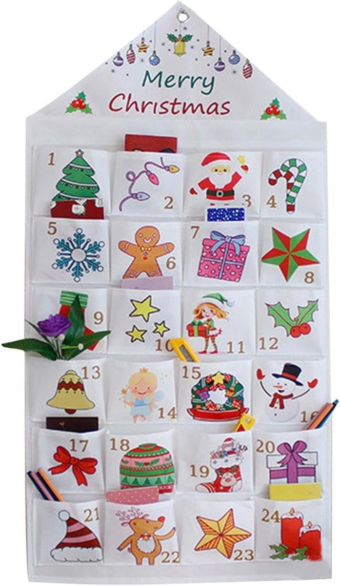 Herbruikbare adventskalender met zakjes voor kerstdecoratie - Wandmontage - 97 x 50 cm