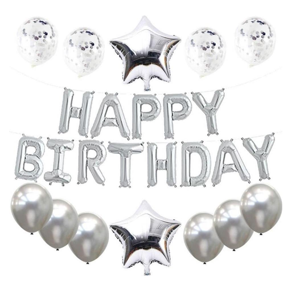Cover-Discount Happy Birthday Luftballon Banner Set silber (25x) (C0004285G)