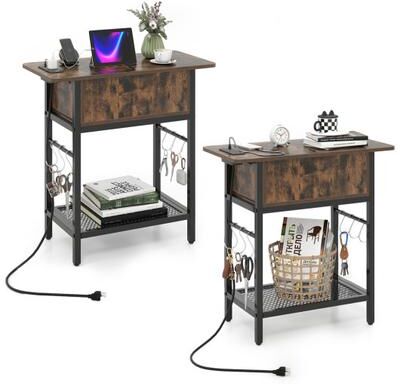 Costway Set of 2 End Table with Charging Station and Hidden Compartment-Rustic Brown