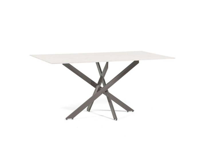 Table rectangulaire d'intérieur Morgan 160x90 cm avec plateau en verre trempé et pieds en métal (Marbre rose Taupe)