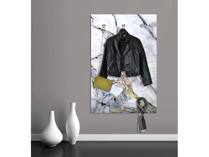 Garderobenleiste QUEENCE Marlik , gold (goldfarben, weiß), B:80cm H:120cm T:3cm, Acrylglas, Edelstahl, Garderobenhalter, Garderobenleiste, Wanddeko, Wandgarderobe, Marmor