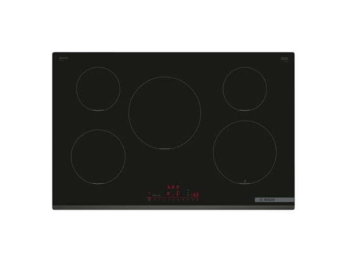 Bosch PIV831HC1E Serie 6, Smartes Induktionskochfeld 80 cm, Rahmenlos aufliegend, Dunstabzugshauben-Steuerung, Bratsensor Assist, Favoriten-Taste, Einfache Bedienung, Power Boost, Quick Start, Schwarz