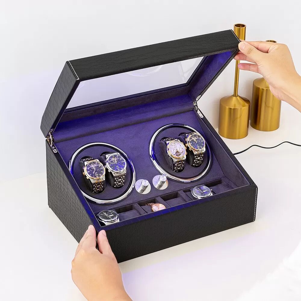 INF Remontoir de Montres Automatiques Motif Crocodile, 5 Modes & Lumière LED Gris