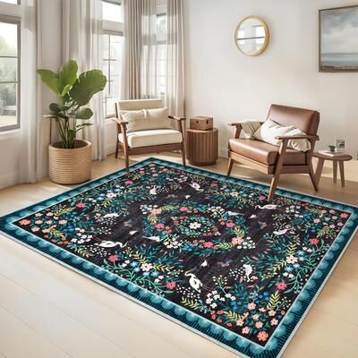 Garvee Vintage Botanical Bird Floral Area Rug