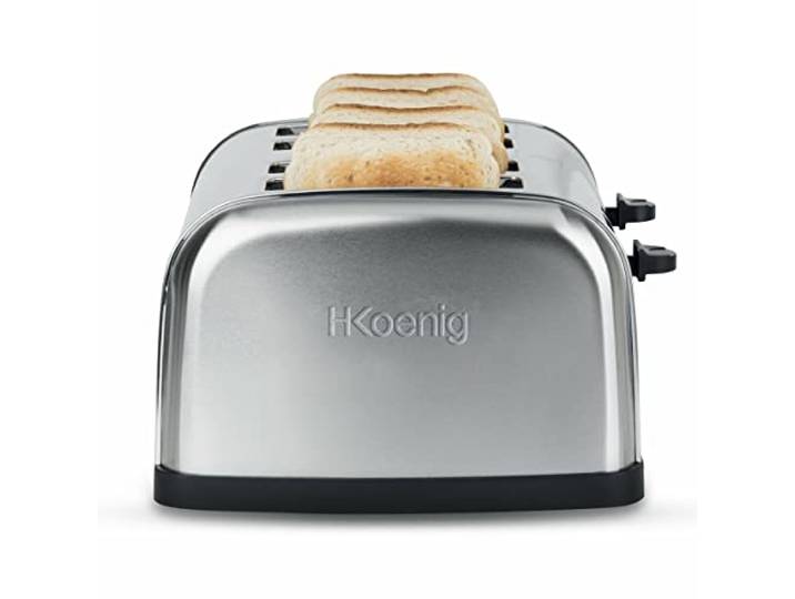 H.Koenig Toaster Toast Toaster 4 Scheiben TOAS14 Breite Schlitze Vintage Edelstahl, 6 Bräunungsstufen, Auftauen, Schnell und gleichmäßig, Brot und Gebäck, Einfache Reinigung, 1500 W