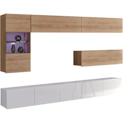 WOHNWAND Kossana 4 Modern Weiß/Goldene Eiche 255/142/43 cm Designmöbel
