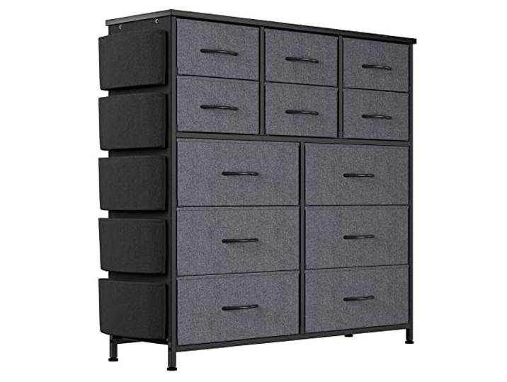 ZoomBuggy Kommode, Schrank, 12 Stoffschubladen mit Griffen, Metallgestell, Industrie-Design, für Flur, Wohnzimmer, Schlafzimmer, Küche & Büro, Dunkelgrau