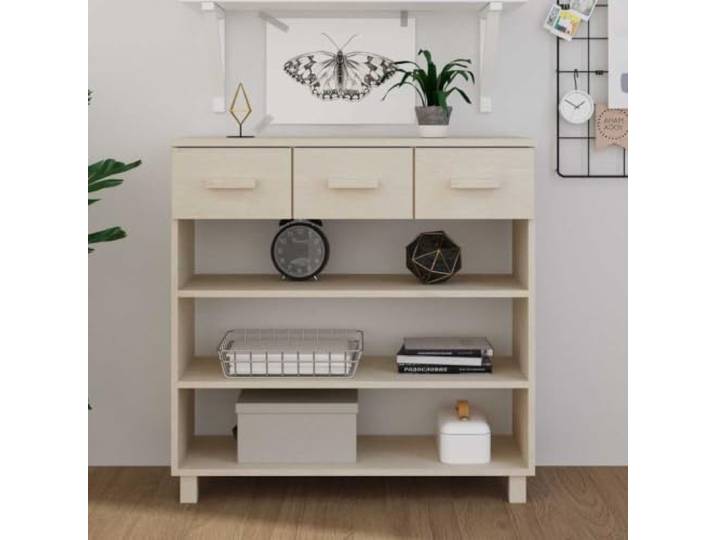 TEKGHUT Konsolentisch HAMAR Honigbraun 90x35x90 cm Massivholz Kiefer mit 3 Massivholz Kiefer, Honigbraun, 3 Ablagen, 3 Schubladen, Flurtisch, Beistelltisch, Dekofläche