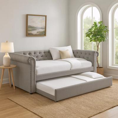 Benjara Ellen Trundle Daybed, Gray Fabric Upholstery, Rolled Arms, Nailhead Trim
