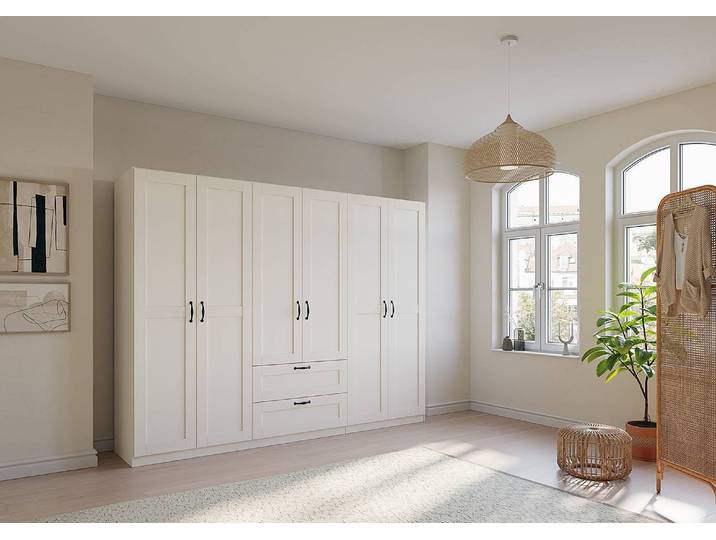 Drehtürenschrank Cottage mit Schubladen 271cm Weiß ohne Spiegeltür/-en