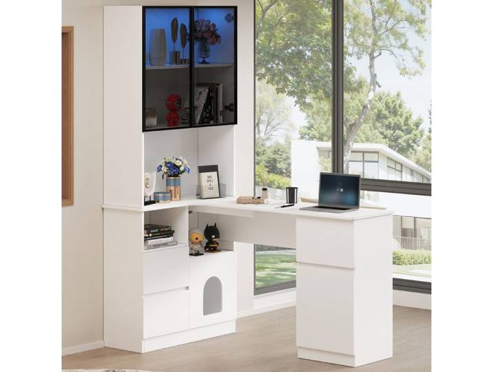 SENVIRO Bureau d'angle avec etagere et vitrine LED 120 x 80 x 180 cm blanc MDF 3 tiroirs 2 portes passe-cables