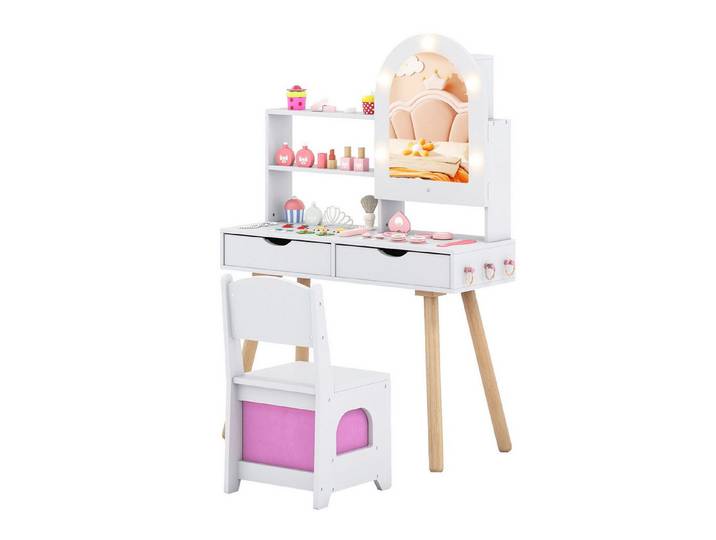 COSTWAY Schminktisch, Kinderschminktisch-Set mit Spiegel mit 3-Farbbeleuchtung
