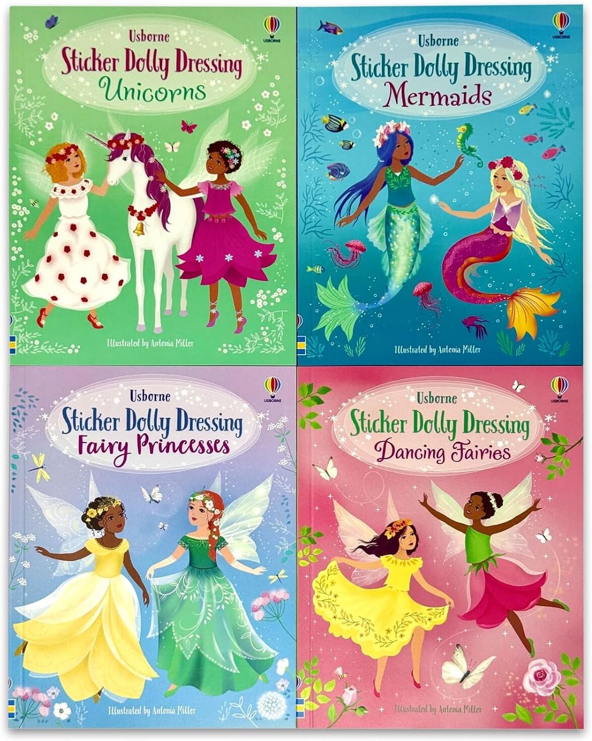 Usborne Publishing Ltd Sticker Dolly Dressing Activity Pack by Fiona Watt - 4 Mini Sticker Books - Unicorns, Mermaids, Dancing Fairies & Fairy Princesses - Ages 5+ - Paperback - Usborne