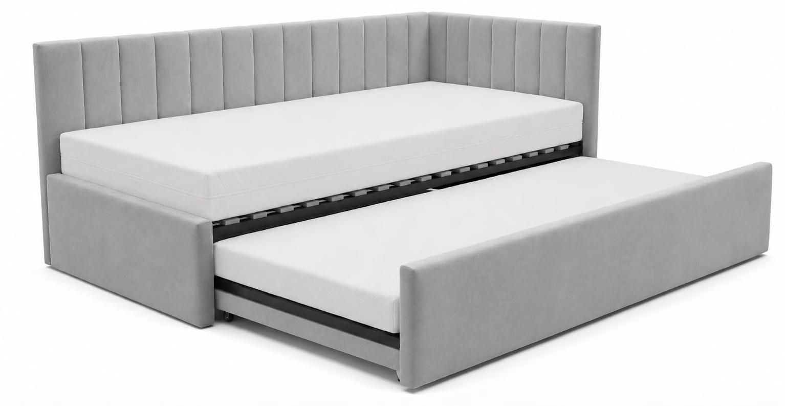 Kinderbett Alvin 01 90x200 - Jugendbett mit einer Schublade und zwei Liegeflächen - Einer Matratze T28-30 - Weich Riviera-Stoff - Grau, Rechte