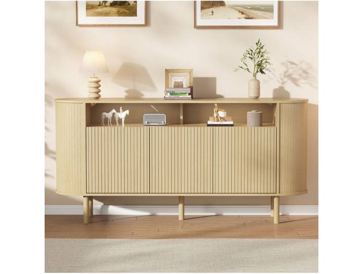 WOVREO Buffet bas 160 cm 3 portes et 2 niches ouvertes panneaux de particules aspect bois naturel