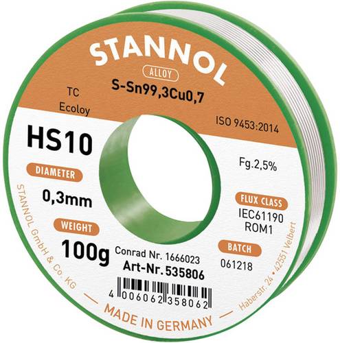 Stannol HS10 2,5% 0,3MM SN99,3CU0,7 CD 100G Lötzinn, bleifrei bleifrei, Spule Sn99,3Cu0,7 ROM1 100g 0.3mm