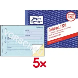 Avery Zweckform 20% AKTION: 5er-Pack Formularbuch »Quittung 1735 MwSt. separat ausgewiesen« gelb, 14.8x10.5 cm
