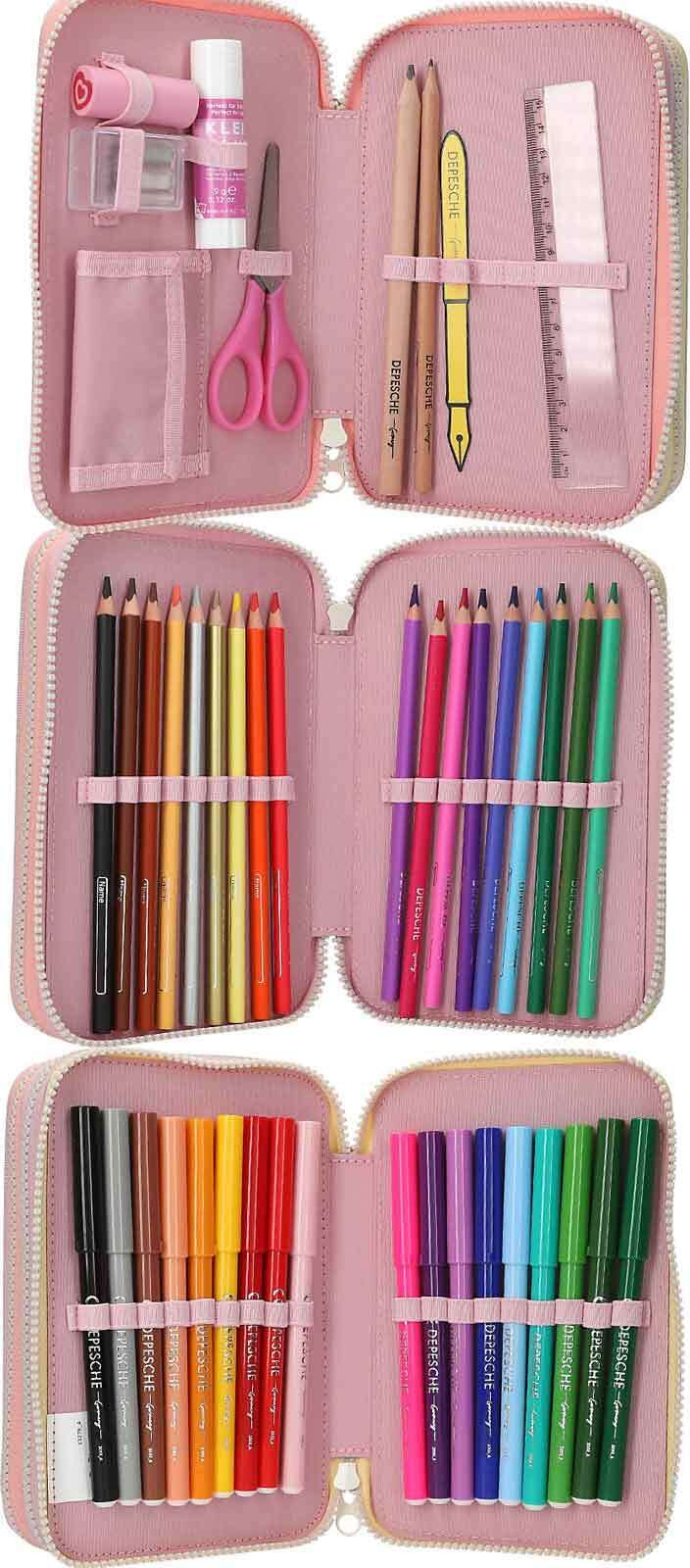 Buntstift DEPESCHE "3-Fach Federtasche Farbwolke inkl. Stifte Ylvi 7,5 x 13,5 x 20 cm rosa", Kinder, rosa, Kunststoff, Stifte Buntstift
