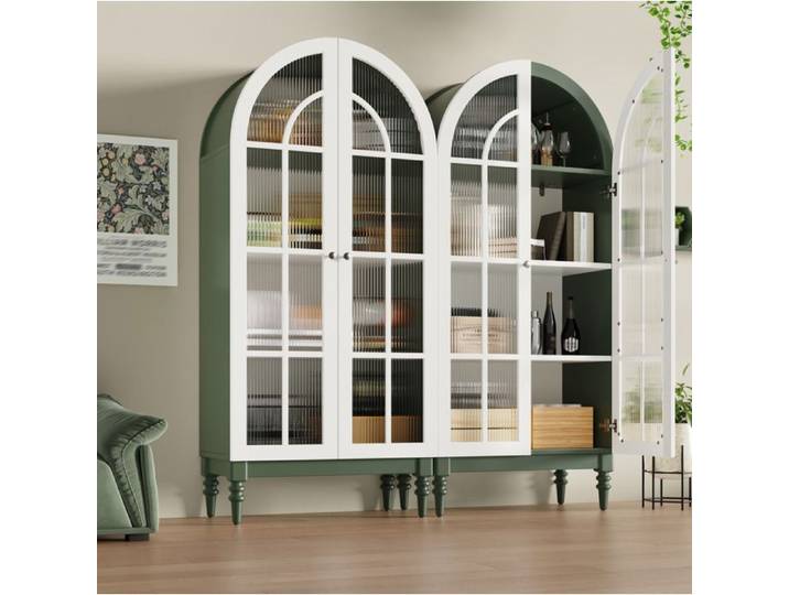 ROVRYN Vitrine armoire arche 165 cm porte double verre nervuré 3 étagères vert foncé et blanc MDF métal