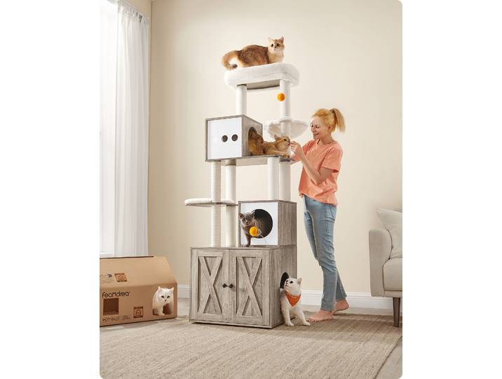 Feandrea Kratzbaum, mit Katzenklo-Schrank, 185cm, Kratzsäule, waschbares Kissen, Greige