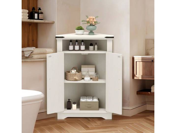 Armoire de rangement rustique - LUNSY - Blanc antique vieilli - 56x36x81 cm - Étagère supérieure ouverte