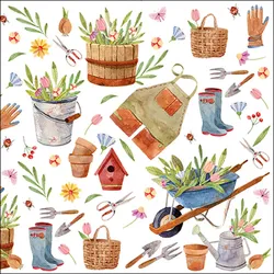 Ambiente 20 Servietten Papier 33x33cm 3-lagig - hochwertige Einweg Papierservietten Garten Blumen Werkzeug Frühling Tulpen Schubkarre Gießkanne Floristik