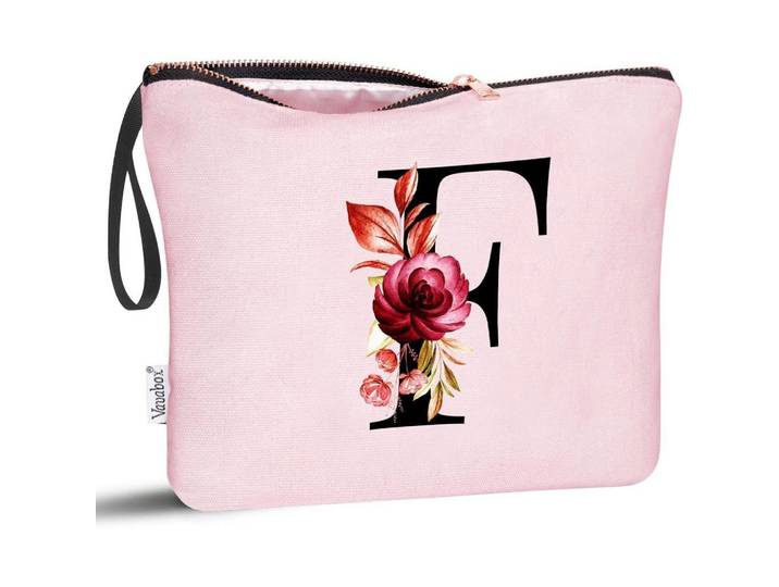 Kosmetiktasche mit Initialen F, Pink, Rosa, 20x1x25 cm, Badaccessoires, Kosmetikdosen