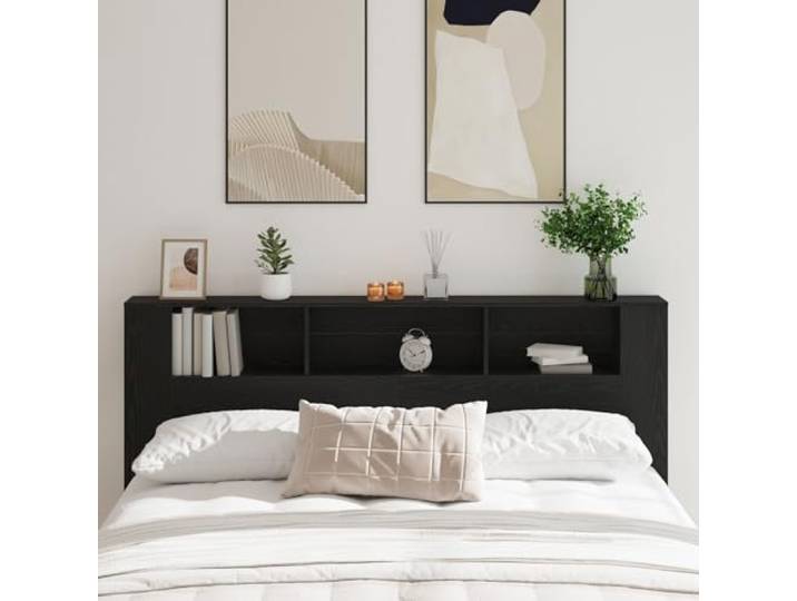 KTHLBRH Modernes Kopfteil für Kingsize-Bett aus schwarzer Eiche mit 3 offenen Fächern zur Aufbewahrung, Kopfteil aus Holz, robust für Stabilität und rechteckiges Design, matt