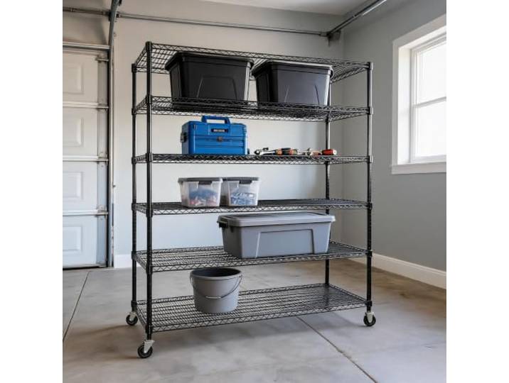 WEJIUAFB 5 Ebenen Schwerlastregal 150x60x210cm, Metallregal mit Rollen 5 verstellbare Drahtebenen, 150x60x210cm XXL-Stauraum, Kohlenstoffstahl bis 1500 kg & 4 Industrierollen mit Bremsen.