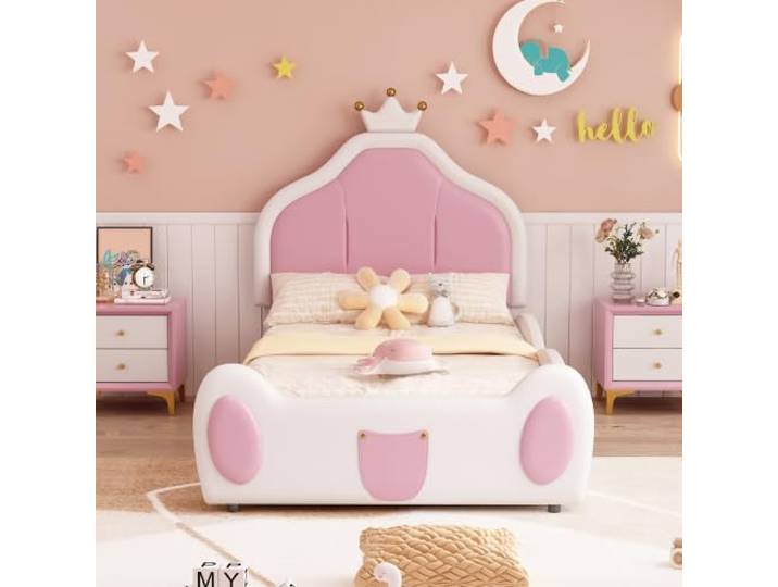 TIANG Kinderbett Polsterbett 90x200 cm,Kopfteil mit Kranzleiste,Zweifarbiges Patchwork-Design, Kunstlederstoff, Weiß