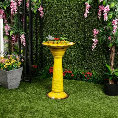 Alpine Corporation ORS112YL Vintage Metal Pedestal Birdbath with Stand, Shallow Bird Bath Bowl for Outside, 28""H, Yellow"