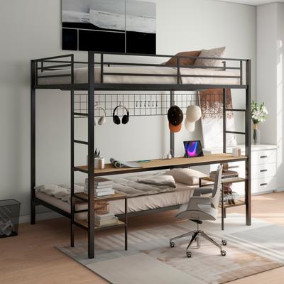 Kodotan sofa Full Over Twin Bunk Bed with Desk and Charging Station and Storage Shelves and Metal Wire Mesh Panel with Hooks,Guard & Stairs